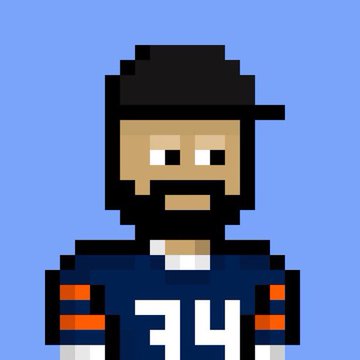 A pixel art portrait of a bearded man wearing a dark cap and a blue jersey featuring the number "34" and orange-striped sleeves. The sports-themed character visually represents the "holder" pride expressed in the post about owning both Nakamigos and Normies NFTs.