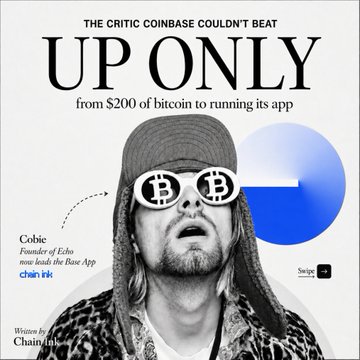 A podcast cover for "Up Only" by ChainCasts and the Delphi Media brand Swipe featuring Cobie, Founder of Echo and co-host of the Base App. The cover shows a black-and-white photo of Cobie wearing pixelated Bitcoin sunglasses, with text reading "THE CRITIC COINBASE COULDN'T BEAT" and "from $200 of bitcoin to running its app," reflecting the post's narrative of Cobie's journey from a Tesco worker who invested $200 in bitcoin to becoming a crypto industry figure.