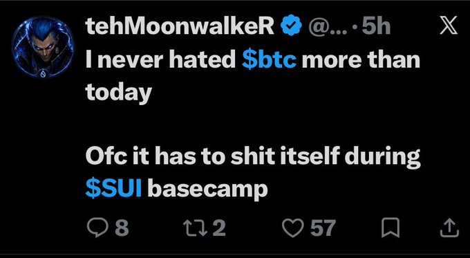 A tweet from @tehMoonwalkeR reads 'I never hated $btc more than today. Ofc it has to shit itself during $SUI basecamp' with 57 likes.