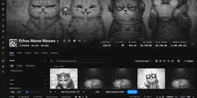 Screenshot of the OpenSea NFT collection page for "Ethos Meow Meows," showing its floor price of $13.57, 24-hour volume of $3,736.58, and a series of grayscale illustrated cat images. The page reflects the user's tutorial on verifying their Ethos NFT holdings via Etherscan and OpenSea.