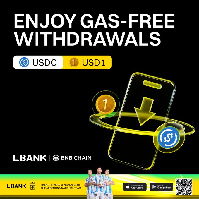 A promotional graphic from LBank and BNB Chain advertising gas-free withdrawals for USDC and USD1 tokens, featuring a smartphone illustration with a download arrow and a "1" coin, alongside three Argentine national team players celebrating and a QR code for app downloads via the App Store and Google Play.