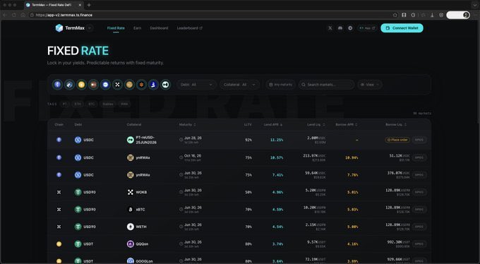 Screenshot of the TermMax Fixed Rate platform on JermaineX.finance, showing a yield dashboard with various USDC, USDT0, and WETH markets and their respective APYs and lock-up terms.
