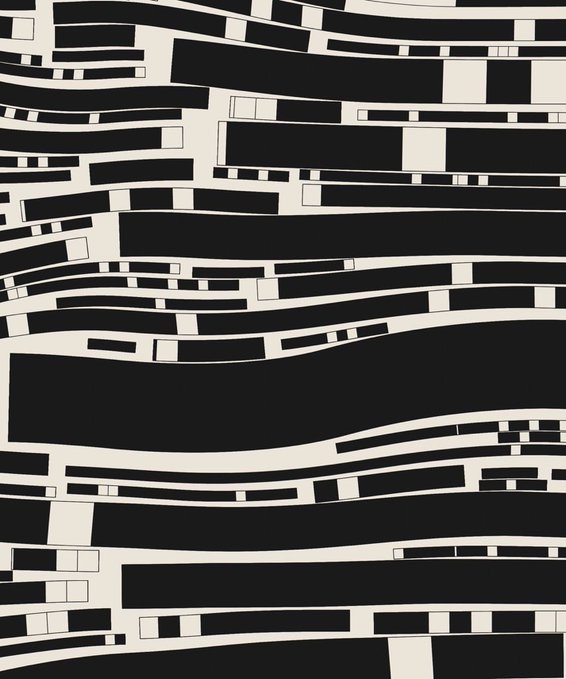 A high-contrast abstract composition of flowing, horizontal black bands and segmented rectangular forms arranged in a dynamic, rhythmic pattern, characteristic of Tyler Hobbs' "Fidenza" generative art series, of which "Grail" is a notable piece that sold for 25 ETH.