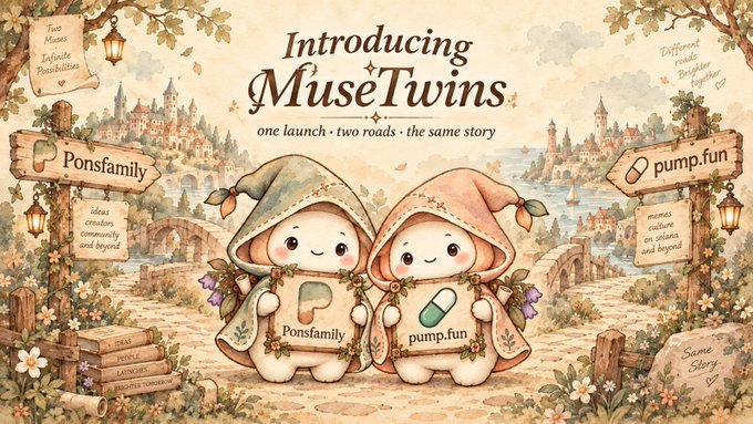 The image is a whimsical, fairytale-style illustration announcing "Introducing MuseTwins" with the tagline "one launch, two roads, the same story," featuring two adorable hooded mascot characters labeled "Ponsfamily" and "pump.fun" standing side-by-side in a storybook village setting. The artwork visually represents the post's concept of a dual-chain launchpad, showing the twin characters as a unified pair on a single path, symbolizing how MuseTwins operates simultaneously across both Robinhood Chain and Solana without requiring users to choose between separate options.