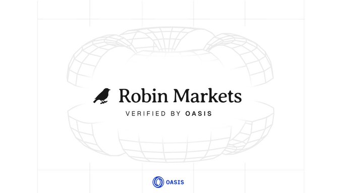 A minimalist black-and-white logo graphic featuring a crow silhouette and the text 'Robin Markets VERIFIED BY OASIS' with an Oasis logo at the bottom.