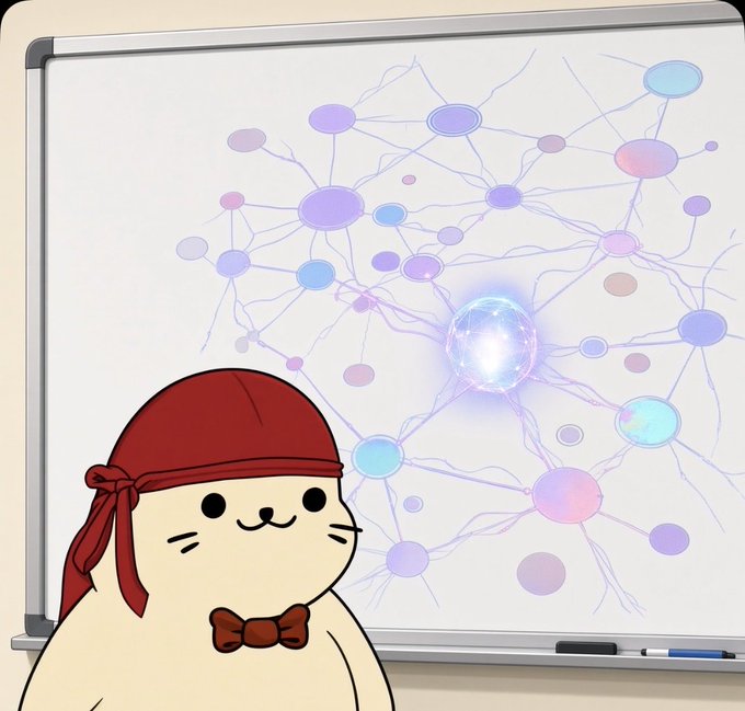 A cartoon illustration of a cat-like character wearing a red bandana and bow tie standing in front of a whiteboard with a purple neural network diagram and a glowing sphere.