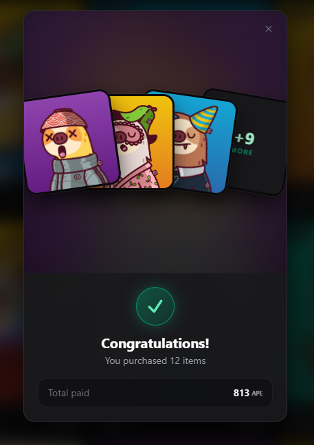 A digital purchase confirmation screen showing 12 cartoon character NFT items purchased for a total of 813 APE tokens, with a 'Congratulations! You purchased 12 items' message.