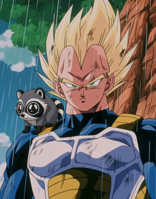 An anime illustration of a spiky blonde-haired warrior in Saiyan armor with a cute raccoon perched on his shoulder, set in a rainy outdoor scene.