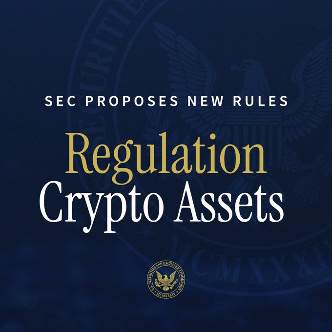 The image is an official SEC announcement graphic with a dark navy blue background featuring a faded eagle emblem and seal, displaying the text "SEC PROPOSES NEW RULES" at the top, with "Regulation" in gold and "Crypto Assets" in white as the main headline, and the SEC seal at the bottom. The graphic visually supports the post about the SEC modernizing its crypto custody regulations by sending a proposal to the White House's OIRA for review, as part of efforts to update rules governing who can hold and safeguard crypto assets on behalf of customers, particularly investment advisers and funds.