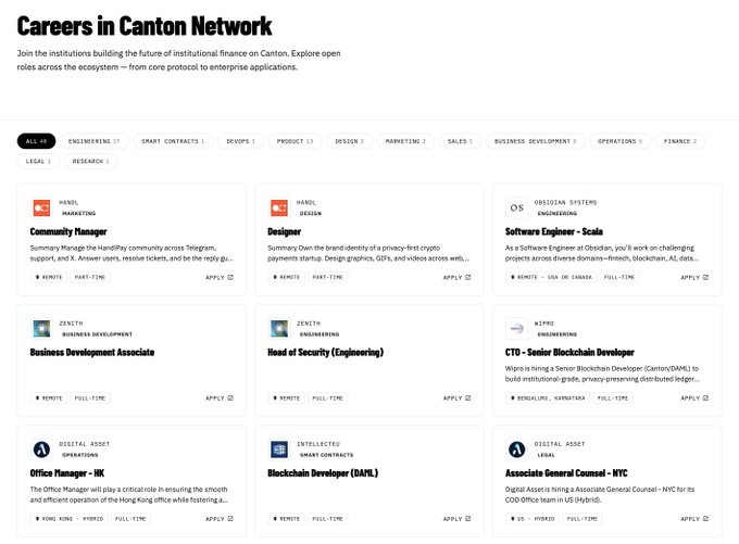 The image shows a job search page for Canton Network, which has eight different job descriptions displayed across various tabs. The post highlights that there are multiple job openings available at Canton Network, covering roles such as engineering, product development, marketing, operations, and legal. This information suggests that the site is actively seeking qualified candidates to fill these positions within the company or ecosystem.
