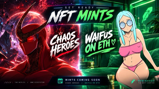 A vibrant NFT mints banner featuring 'CHAOS HEROES' and 'WAIFUS ON ETH,' with an anime-style character and 'Mints coming soon' for the Robinhood ecosystem.
