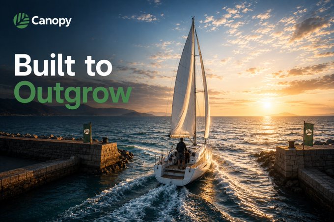 A Canopy promotional image with the text "Built to Outgrow," showing a sailboat exiting a harbor at sunset toward open water.