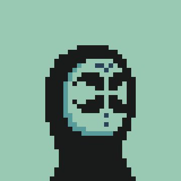 A pixel art illustration of a hooded figure with a circular face marked by a cross and question mark.