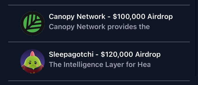 The image displays two logos for Canopy Network, specifically focusing on their $1,000,000 Airdrop service. One logo is a green cartoon mouse with text below that reads "Canopy Network - $100,000 Airdrop", while another logo features a frog with text underneath that says "Sleepingotchi - $120,000 Airdrop". Both logos show the company's name and the cost of their service, promoting the idea of consistency in participation across various projects or applications.