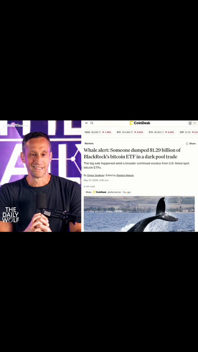 The image features a man wearing a black t-shirt, standing next to an article about sea urchins jumping into the air. The text of the image includes a description of a $1.29B dump happening near the coast or at the ocean. However, there is not much focus on this event but instead on the buyer who absorbed most of it in the context of a conversation between the man and the Yahoo Finance post.
