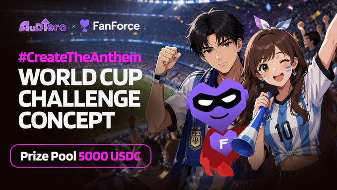 The image shows a poster for an event related to World Cup Challenge Concepts, created by Audera Web 3 with fanforce sponsor. A man and woman are featured in the design of the poster, each wearing different types of clothing suitable for supporting their respective teams at the World Cup challenge. The background features a soccer field, emphasizing the main theme of this event. Additionally, there is a prize pool offered on the poster to encourage fans to participate in creating the concept.