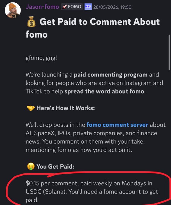 The image features a black screen displaying a message written in red text. It says "Get paid to comment about fromo". The message also includes some information about a website where one can get paid to comment. However, there is no specific detail provided on this website or its payment structure as the focus of the image seems to be elsewhere.