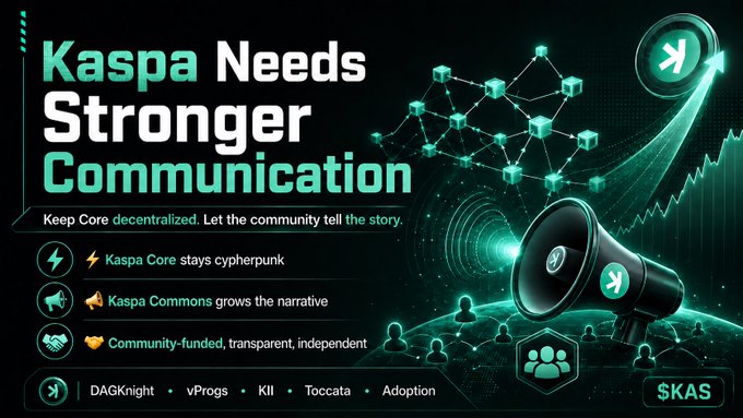 A digital promotional graphic titled "Kaspa Needs Stronger Communication" featuring a megaphone, blockchain network visualization, and icons highlighting Kaspa Core, Kaspa Commons, and community values. The image aligns with the post's message by visually advocating for decentralized, community-driven communication, listing related handles like DAGKnight, vProgs, KII, Toccata, and Adoption alongside the $KAS ticker to emphasize professional yet community-led outreach.