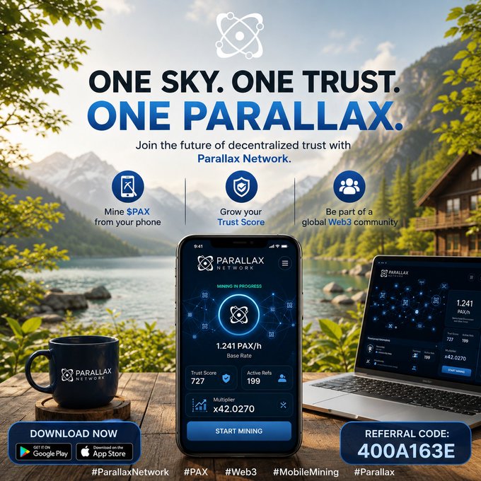 A promotional advertisement for 'Parallax Network' with the slogan 'ONE SKY. ONE TRUST. ONE PARALLAX', showing a smartphone app interface for mining $PAX, a laptop dashboard, and a branded mug, with a referral code '400A163E'.