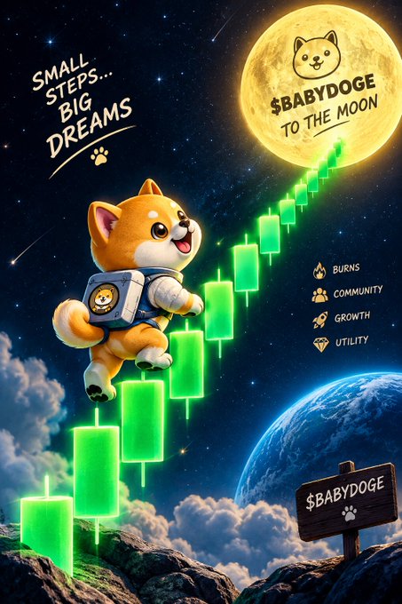 A vibrant meme poster features an astronaut Shiba-inu ascending green candlesticks toward a moon labeled '$BABYDOGE TO THE MOON' with text reading 'SMALL STEPS... BIG DREAMS' and icons for BURNS, COMMUNITY, GROWTH, and UTILITY.