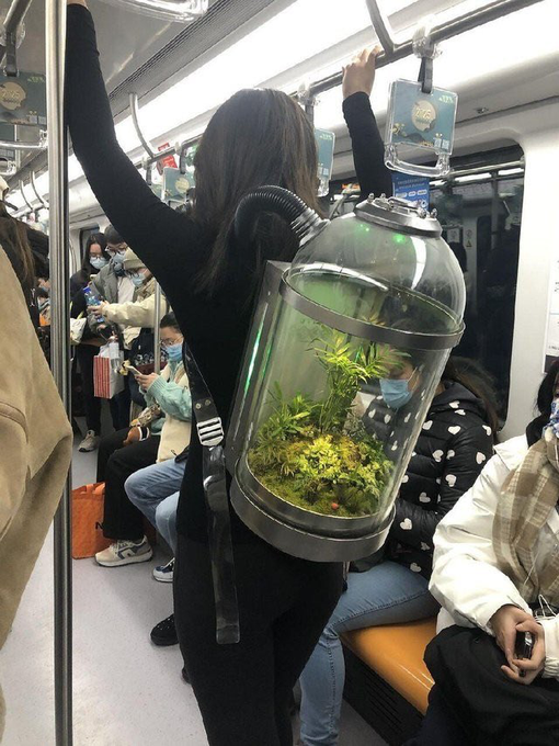 A person wearing a backpack modified with a clear glass terrarium containing live green plants and moss rides a crowded subway train.