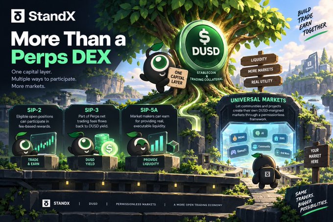 A promotional banner for 'StandX - More Than a Perps DEX' featuring cartoon characters, a $DUSD stablecoin tree, and explanations of SIP-2, SIP-3, SIP-5A, and Universal Markets.