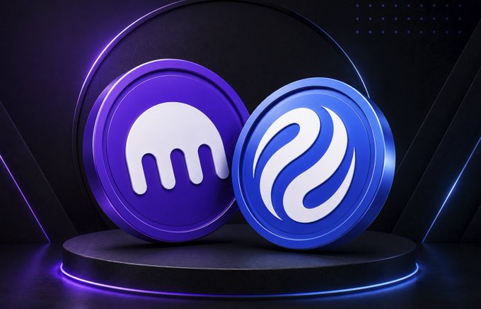 A 3D rendered image displaying two cryptocurrency coins—one purple with a Kraken-style logo and one blue with a stylized wave emblem—on a dark podium.
