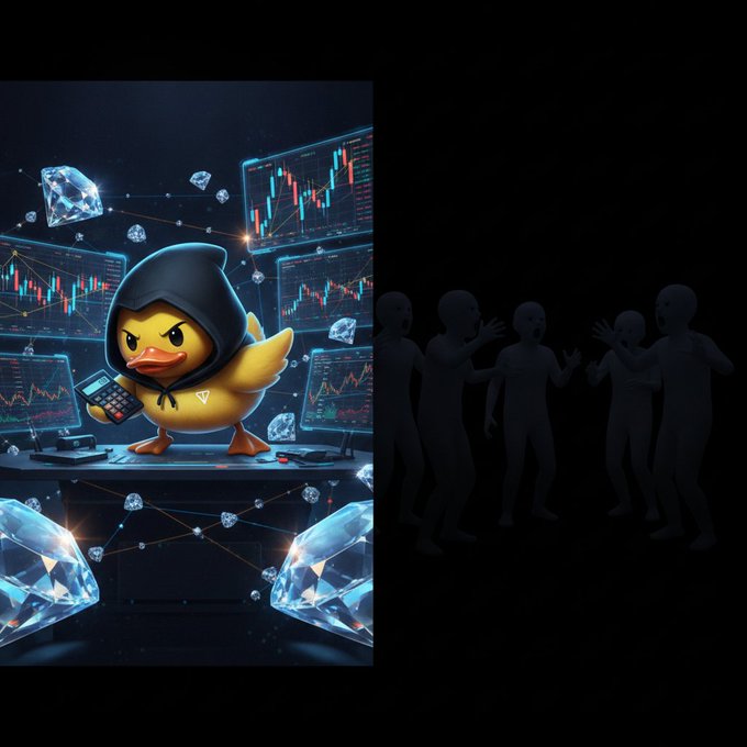A stern, hoodie-wearing cartoon duck stands before glowing candlestick charts and floating diamonds, clutching a calculator like a trader's badge of honor. On the right, shadowy ghost-like figures recoil in shock, perfectly illustrating the post's jab at critics who only talk trading versus those who know **$UTYA** sits at a **$16.78M** market cap—down 70% from peak—making TON memes structurally undervalued against the ecosystem's user base.