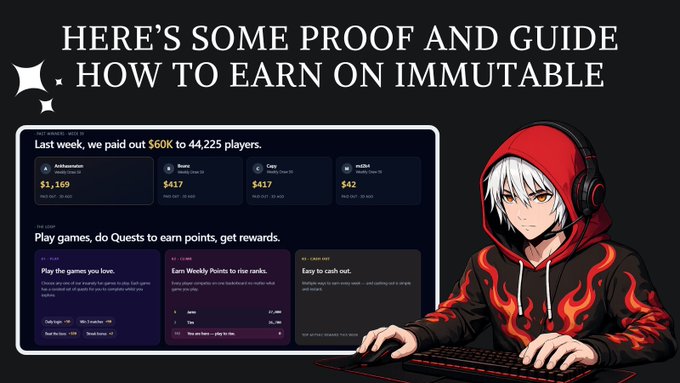 The image features a cartoon character wearing a hoodie with headphones sitting at a computer desk while playing video games. There are two posts displayed side by side, one of which is about earning on Immutable. The other post provides information about how to earn on Immutable and includes details such as the game's rewards system and how to complete quests.