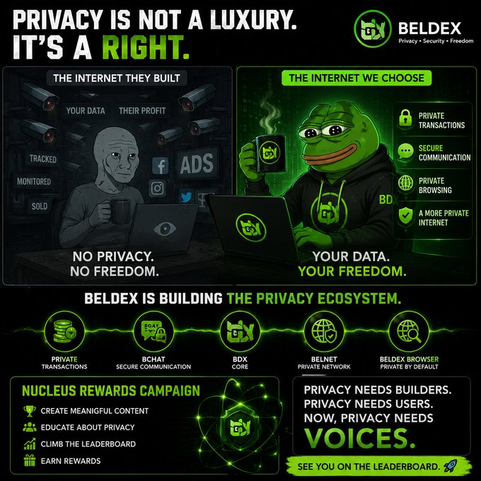 A promotional infographic for 'BELDEX' with the tagline 'PRIVACY IS NOT A LUXURY. IT'S A RIGHT.' contrasting surveillance with their privacy ecosystem, featuring a 'NUCLEUS REWARDS CAMPAIGN' and services like 'PRIVATE TRANSACTIONS', 'BCHAT', 'BDX CORE', 'BELNET', and 'BELDEX BROWSER'.
