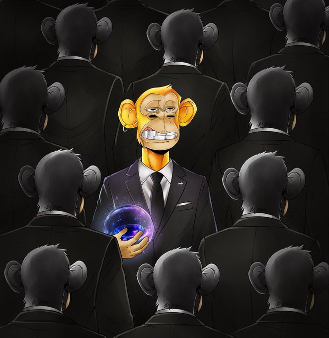 Digital illustration of a Bored Ape-style monkey in a suit holding a glowing crystal ball, surrounded by similar silhouetted monkeys in black.