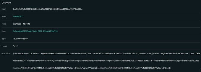 A blockchain transaction overview showing hash details, block 1136491471, timestamp 8/5/2026, with type 'outcomeDeploy' and variant 'registerAndAssociateNamedOutcomeFromTemplate' on what appears to be a prediction market platform.