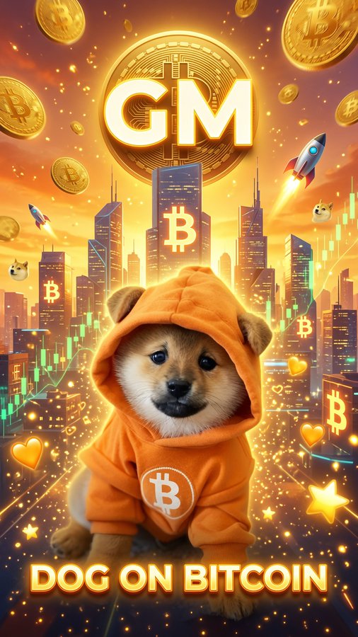 A promotional crypto graphic features a Shiba Inu puppy in an orange Bitcoin hoodie, with 'GM' and 'DOG ON BITCOIN' text, surrounded by Bitcoin coins, rockets, and a city skyline.