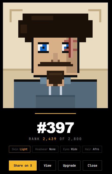 A pixelated NFT avatar card showing character #397, with traits including Light skin, None headwear, Wide eyes, and Afro hair, ranked 2,439 of 2,800.