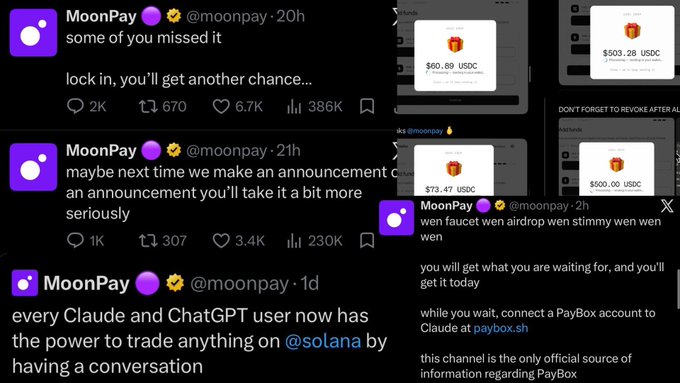This image shows several tweets from MoonPay discussing a USDC airdrop to non-custodial AI-wallet users, with some tweets displaying screenshots of USDC amounts like $60.89 and $503.28. The accompanying post is a call to action to create a wallet on paybox.sh by today to potentially receive the airdrop.