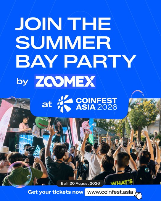 A blue promotional poster for "JOIN THE SUMMER BAY PARTY by ZOOMEX at COINFEST ASIA 2026" in Bali on 20 August 2026, featuring an image of a crowd enjoying an outdoor event with bubbles and a mascot character.