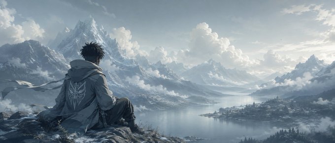 A digital illustration depicting a person in a white hoodie sitting on a rocky peak, gazing out over a serene, mountainous landscape with a lake below.