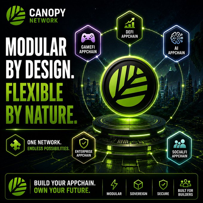 A promotional graphic for Canopy Network featuring the tagline 'MODULAR BY DESIGN. FLEXIBLE BY NATURE.' and showcasing appchains for DeFi, GameFi, AI, Enterprise, and SocialFi.