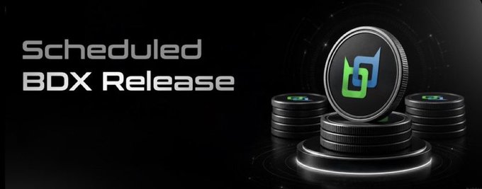 A promotional graphic on a black background reads "Scheduled BDX Release" next to stacks of coins featuring a green and blue logo.