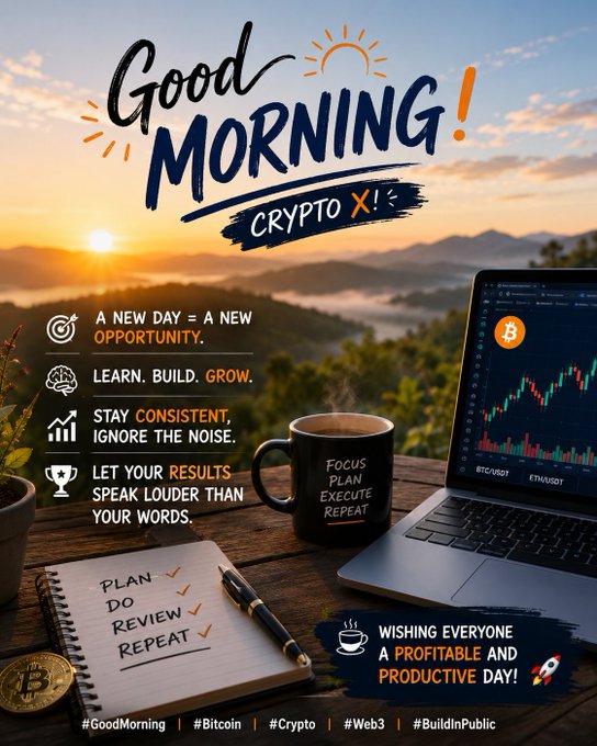 A motivational 'Good Morning Crypto X!' graphic featuring a sunrise landscape, a laptop showing a Bitcoin price chart, and text including 'PLAN DO REVIEW REPEAT' along with hashtags #GoodMorning #Bitcoin #Crypto #Web3 #BuildInPublic.