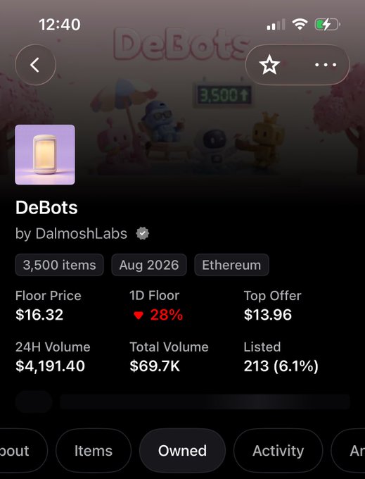 A mobile screenshot of the DeBots NFT collection by DalmoshLabs on Ethereum, showing a floor price of $16.32, down 28%, with 3,500 items and $4,191.40 in 24H volume.
