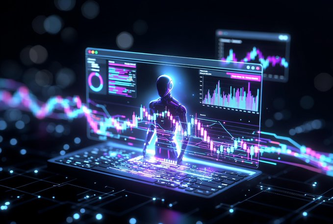 The image depicts a futuristic, neon-lit scene featuring a humanoid AI figure standing on a glowing laptop keyboard, surrounded by holographic trading dashboards displaying colorful candlestick charts and market analytics. It visually reinforces the post's message by symbolizing the fusion of autonomous AI execution with DeFi market monitoring, where the AI representation embodies the intelligent execution described alongside TermMax's V2 platform.