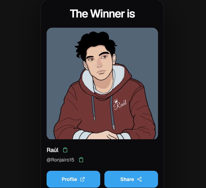 A winner announcement card displays an illustration of a young man in a maroon hoodie with "Raúl" embroidered on it, labeled "Raúl" with the handle @Ronjairo15, along with Profile and Share buttons, matching the post that congratulates @Ronjairo15 as the winner of the "Sunny_Night" ANON Exclusive NFT.