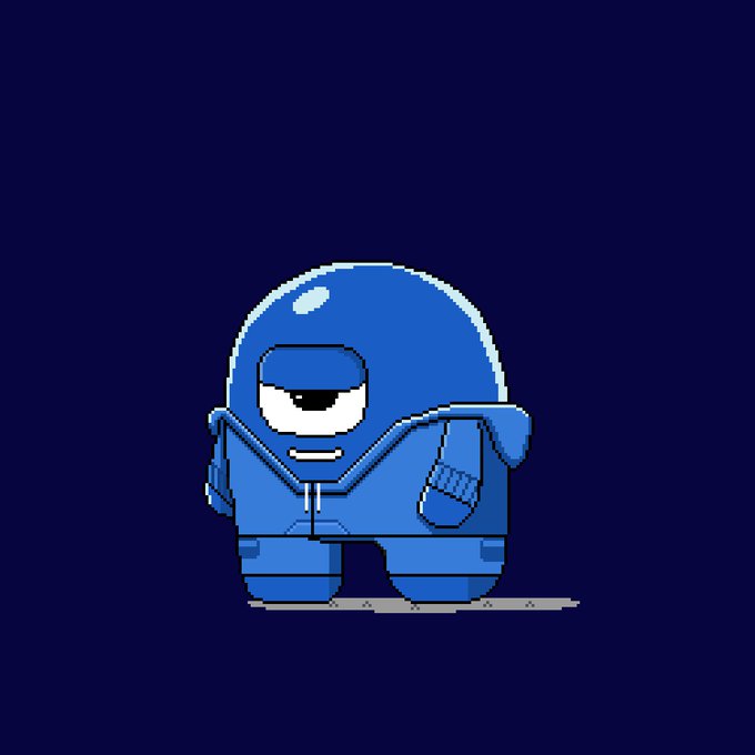 A pixel art character resembling a hooded figure in a blue tracksuit with a single eye and a small fang, standing against a dark navy background, visually representing the "Gloomble" mentioned in the post. The image serves as the mascot or NFT artwork associated with the Heritage2x project being teased.