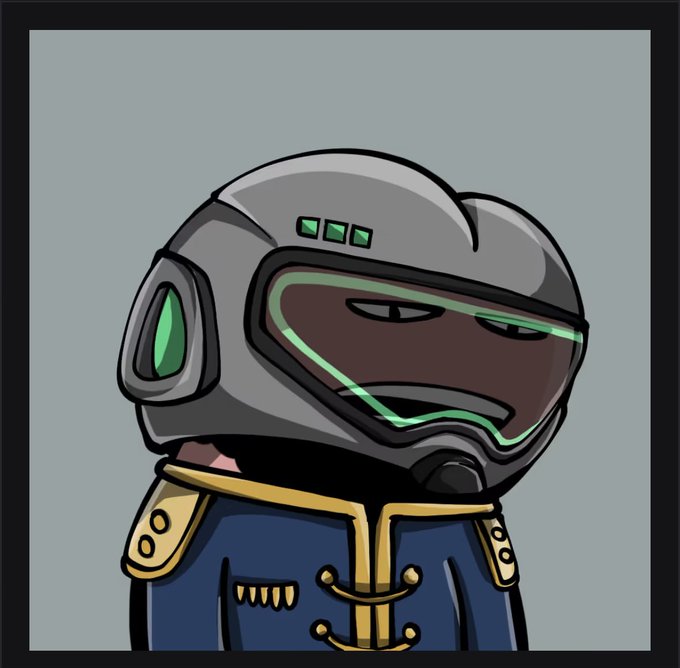 Cartoon astronaut character wearing a gray helmet with green visor, dressed in a navy blue and gold uniform.