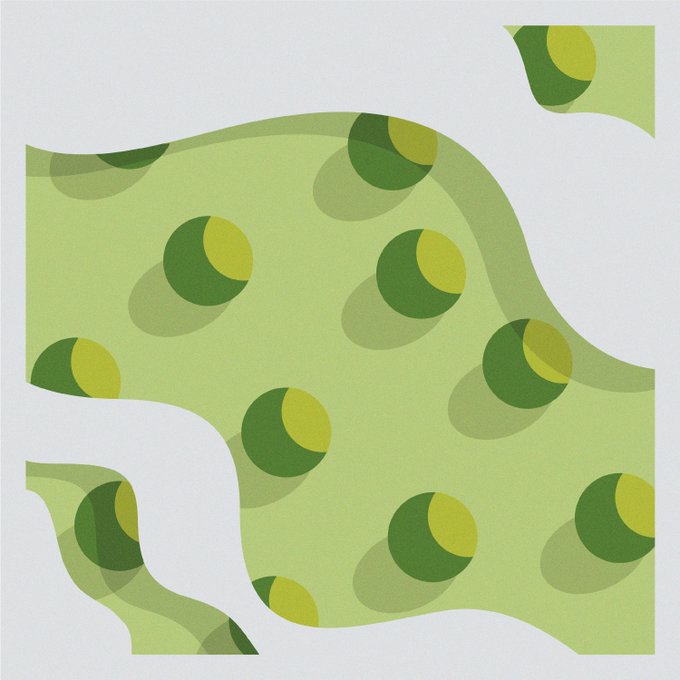 An abstract graphic design featuring a green wavy blob shape covered in green and yellow circle patterns on a white background.