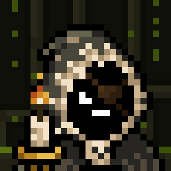A pixel art character with a tan hooded cloak and black face appears, holding what looks like a staff or stick with an orange flame. The image visually represents the "Mancer" NFT mentioned in the post, fitting the fantasy/wizard aesthetic suggested by the name and the artistic style typically associated with such NFT collections.