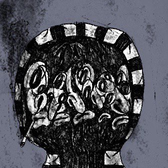 A dark, grungy illustration features a stylized figure with a striped rounded top, large swirling eyes, and abstract facial features against a textured gray background.