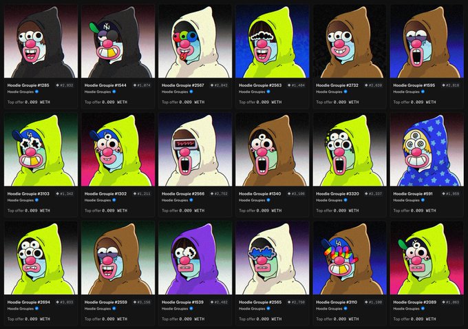A grid showing 18 digital avatars from a Hoodie Grempa NFT collection, each featuring a different colored hoodie and clown-like face, displayed with their IDs and prices in ETH.