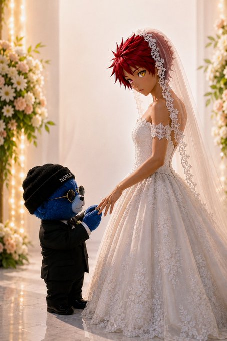 A blue teddy bear wearing a black beanie labeled "NOBLE" and sunglasses holds hands with an anime-style red-haired bride in a lace gown at a flower-decorated wedding setting, matching the caption's "found the one for me" sentiment by depicting a quirky, heartfelt union.